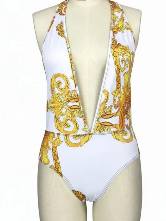 Baroque Swimwear Set Plunge Halter One-Piece Longline Swim Longline Cover-Up